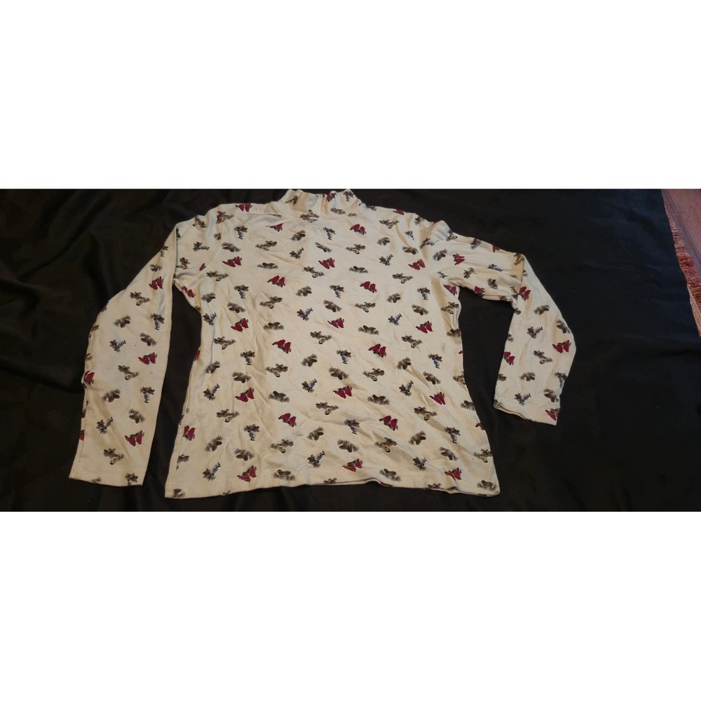 Croft & Barrow Womens White Bird Print Mock Neck Turtleneck Top Size M Cotton